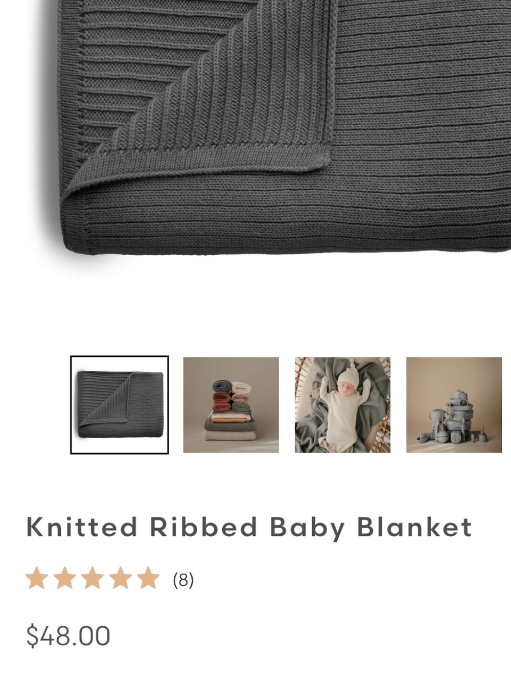Mushie Knitted Ribbed Baby Blanket - Gray - New in Ribbon